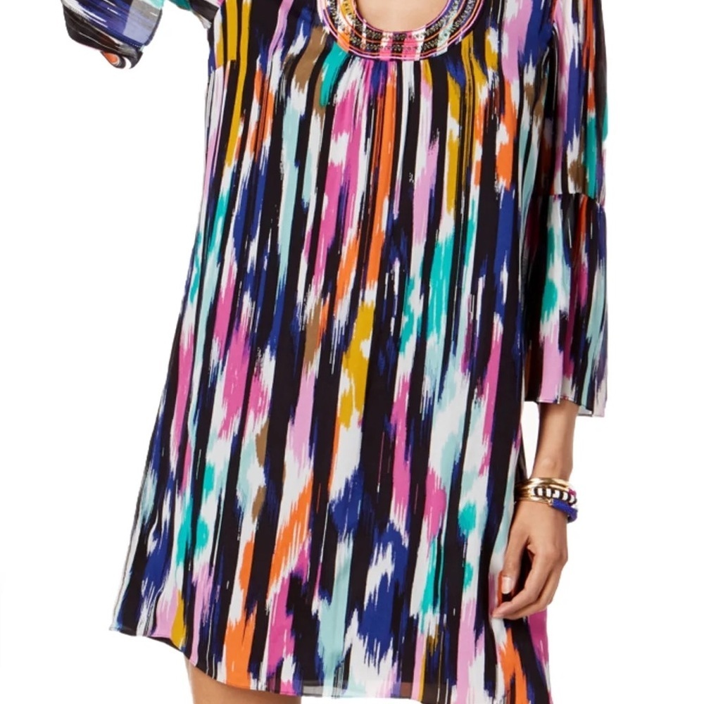 Trina Turk dress Women medium 8 10 black Multicolor Printed Bell Sleeve mini